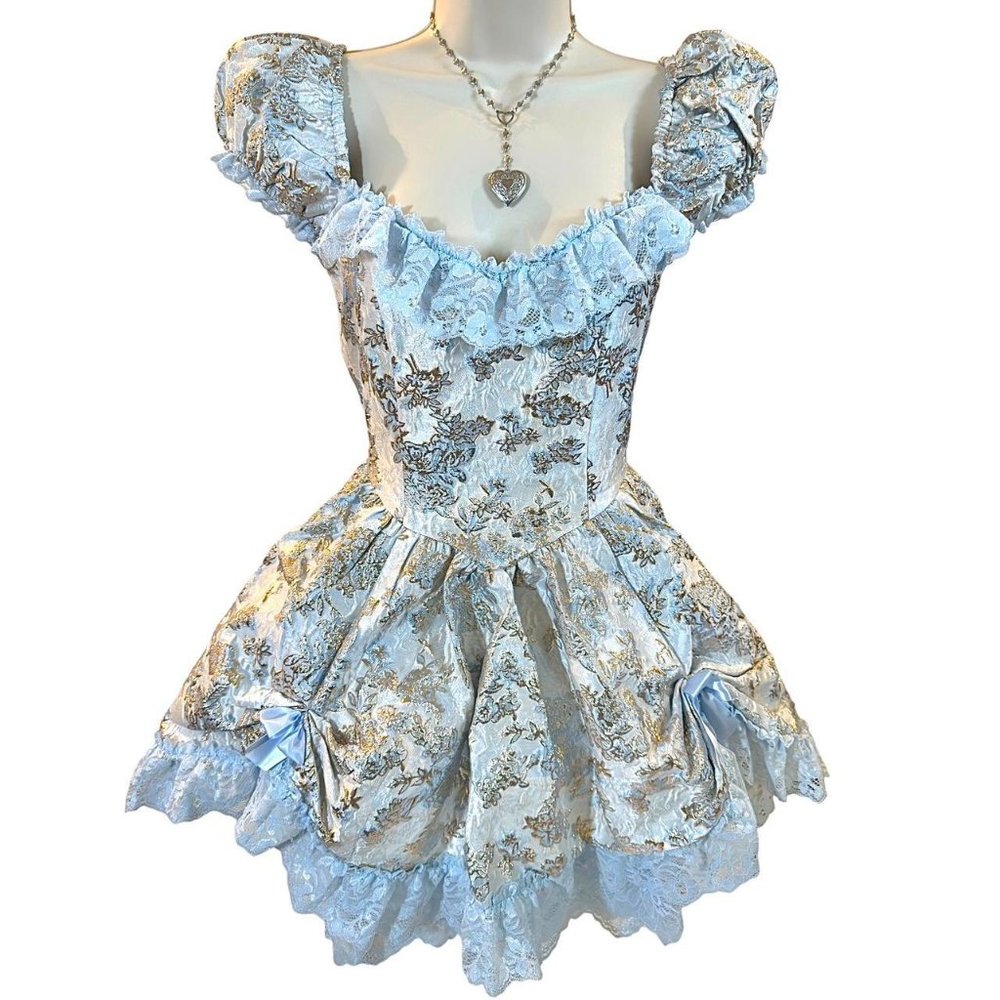 NWT sold out Sugar Thrillz Tea & Circumstance Brocade Mini Dress light blue